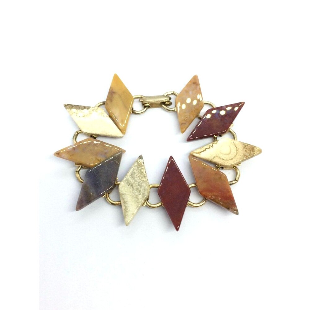 VINTAGE GEMSTONE BRACELET Chain Link Geometric Stone 70s Jasper Agate Boho